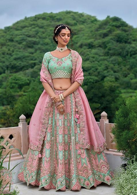 Light Turquoise Embroidered Silk Lehenga Set