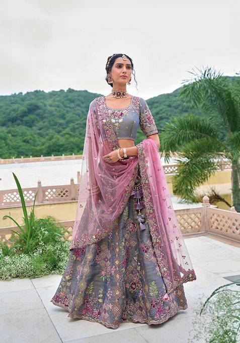 Grey Embroidered Silk Lehenga Set