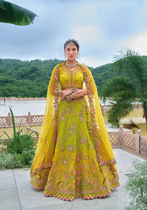 Green Embroidered Silk Lehenga Set