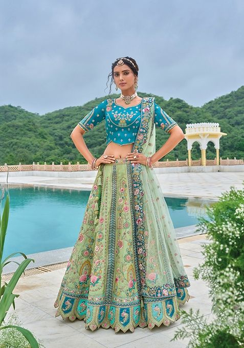 Sea Green Embroidered Silk Lehenga Set