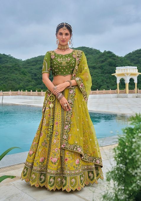 Green Embroidered Silk Lehenga Set