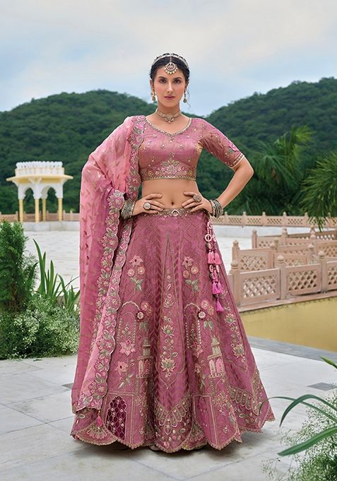 Onion Pink Embroidered Silk Lehenga Set