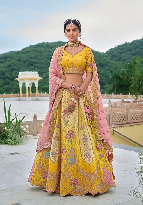 Yellow Embroidered Silk Lehenga Set