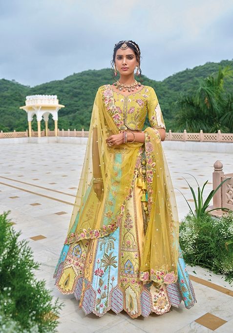 Multicolor Embroidered Silk Lehenga Set