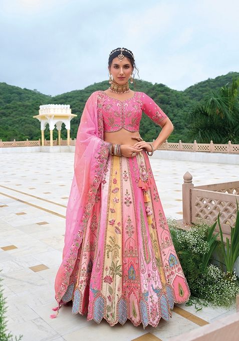 Pink Embroidered Silk Lehenga Set