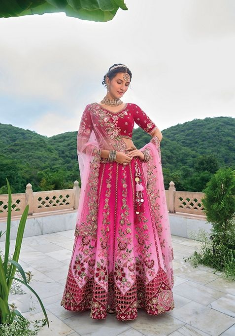 Hot Pink Embroidered Silk Lehenga Set