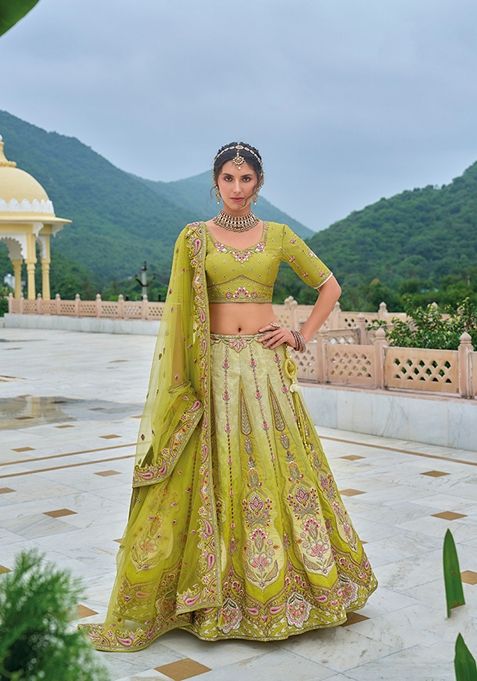 Pear Green Embroidered Silk Lehenga Set