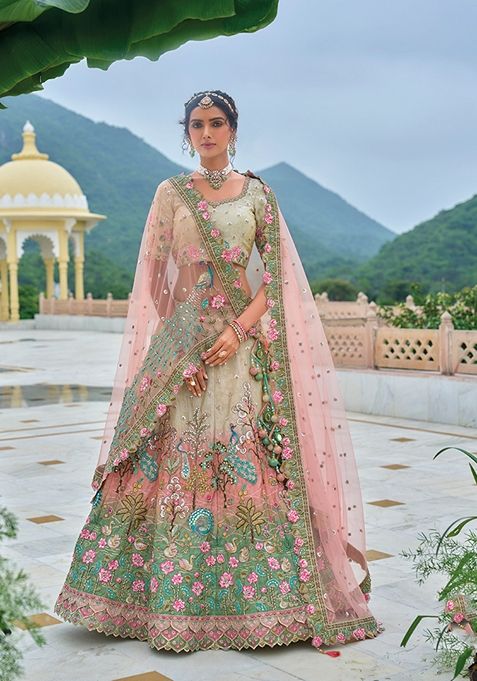 Multicolor Embroidered Silk Lehenga Set