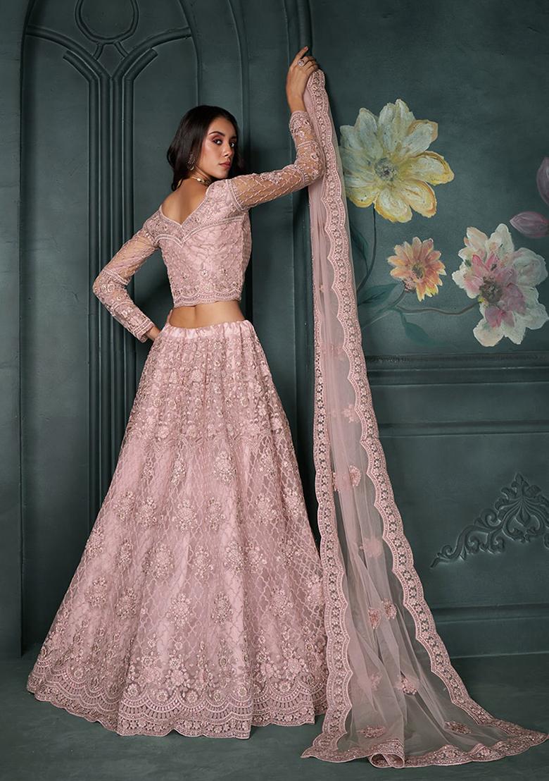 Light Pink Embroidered Net Lehenga Set