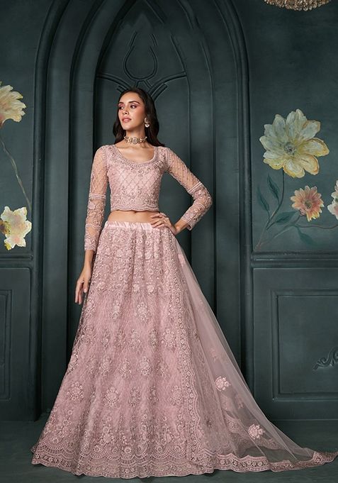 Light Pink Embroidered Net Lehenga Set