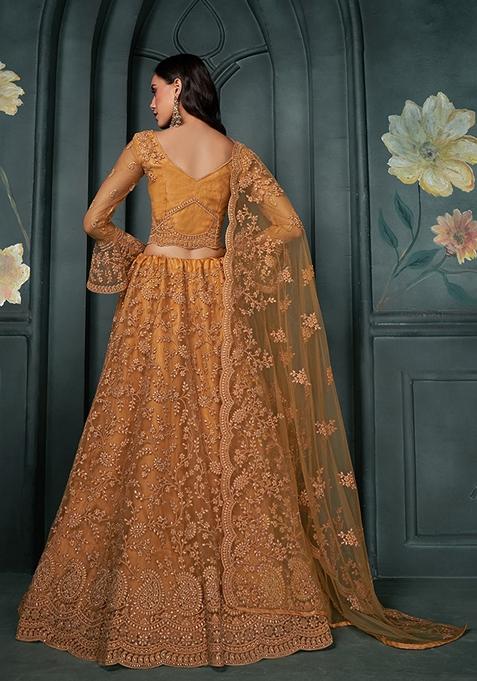 Dark Orange Embroidered Net Lehenga Set