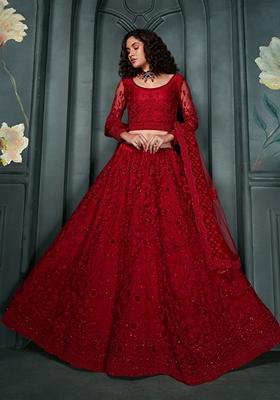 Red Embroidered Net Lehenga Set
