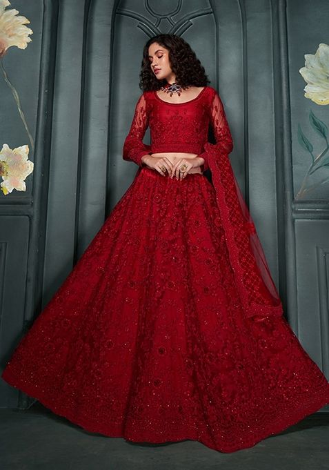 Red Embroidered Net Lehenga Set