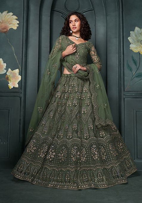 Dark Green Embroidered Net Lehenga Set