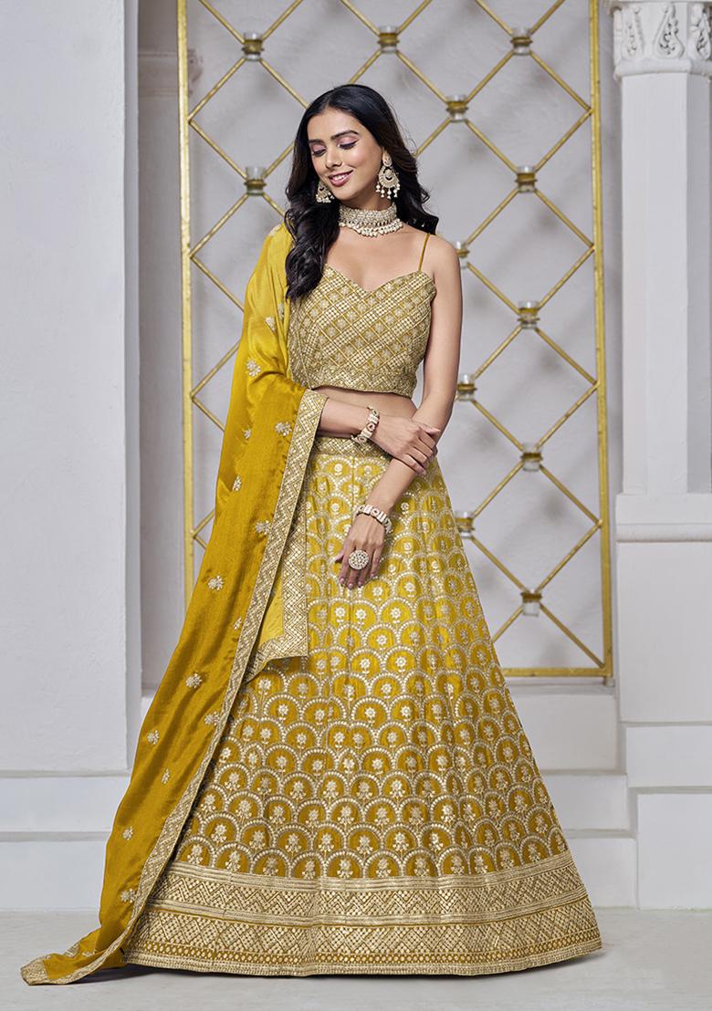 Girls Mustard And Red Embroidered Lehenga Set