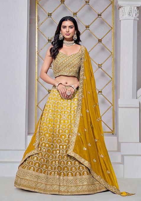 Mustard Yellow Embroidered Chiffon Lehenga Set