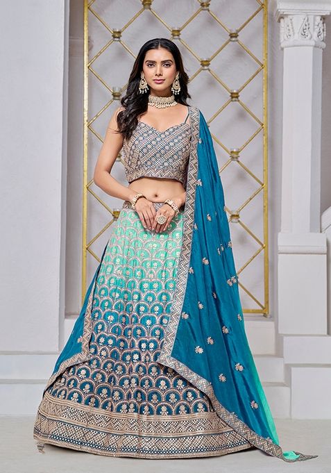 Aqua Blue Embroidered Chiffon Lehenga Set