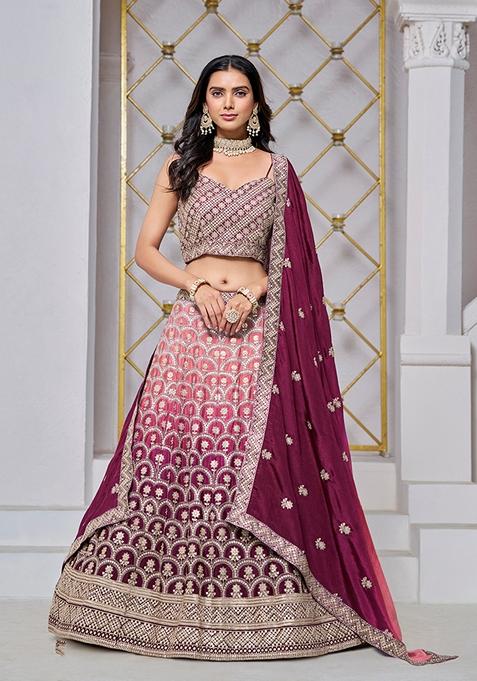 Burgundy Embroidered Chiffon Lehenga Set