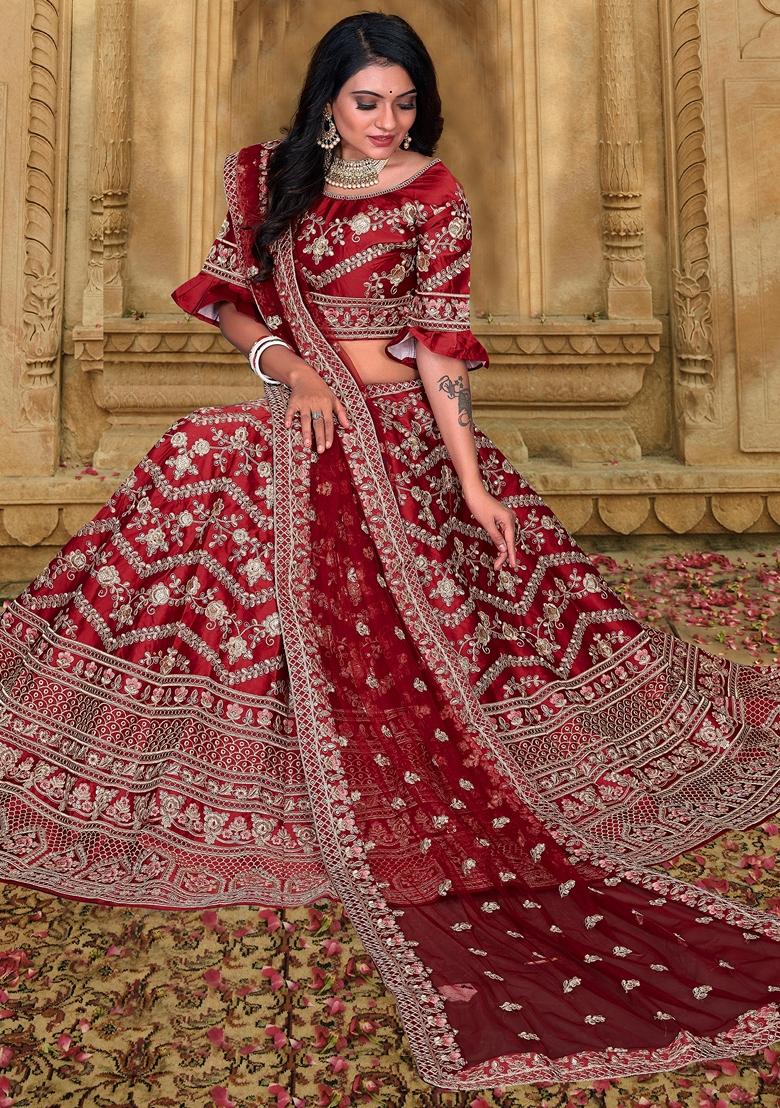 Maroon Embroidered Satin Silk Lehenga Set