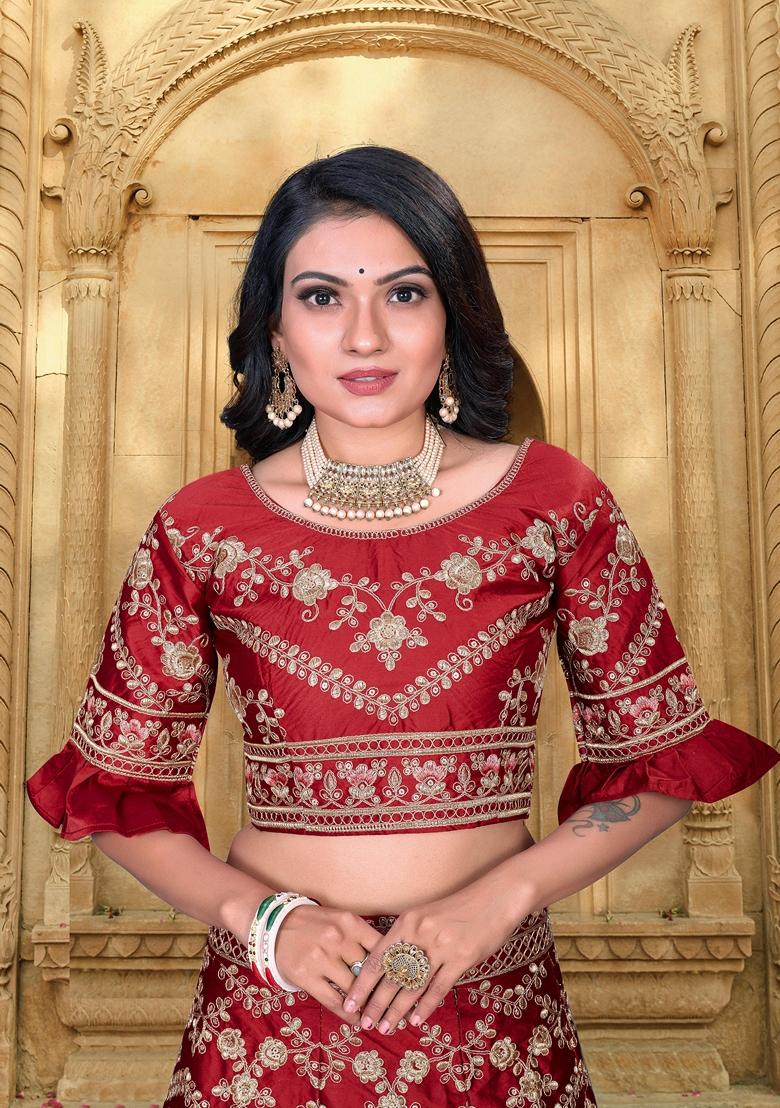 Maroon Embroidered Satin Silk Lehenga Set