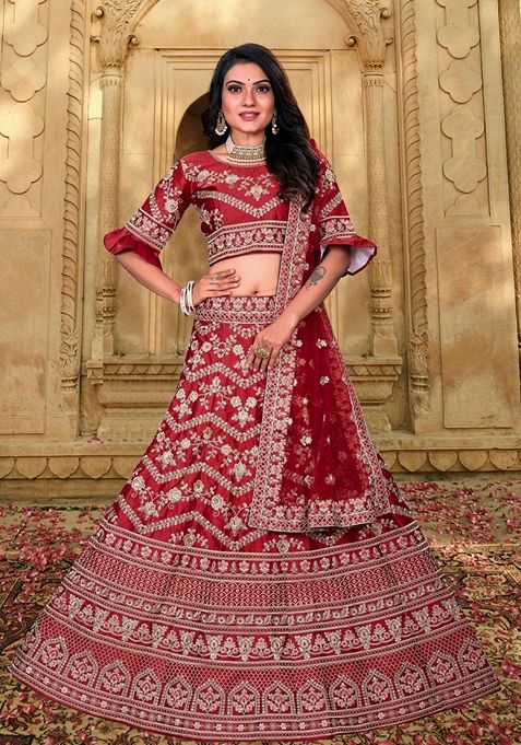 Maroon Embroidered Satin Silk Lehenga Set