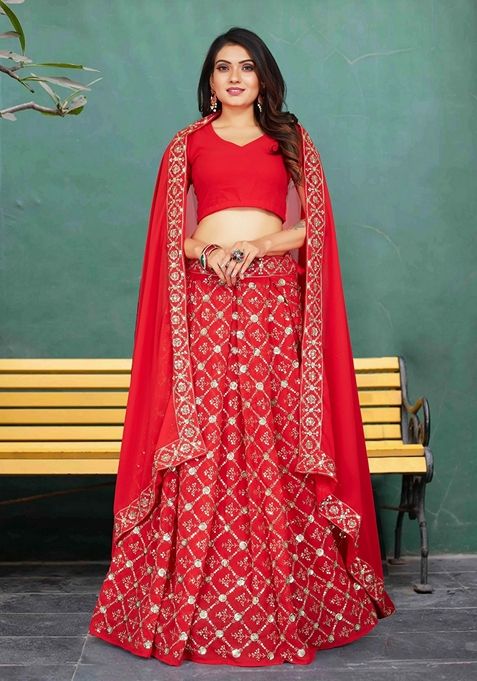 Red Embroidered Georgette Lehenga Set