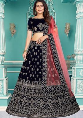 Navy Blue Embroidered Velvet Lehenga Set