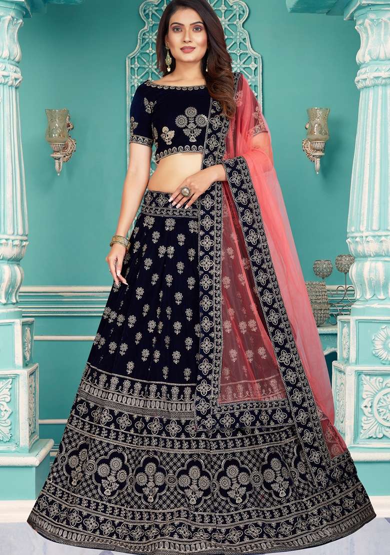 Navy Blue Embroidered Velvet Lehenga Set - Indya