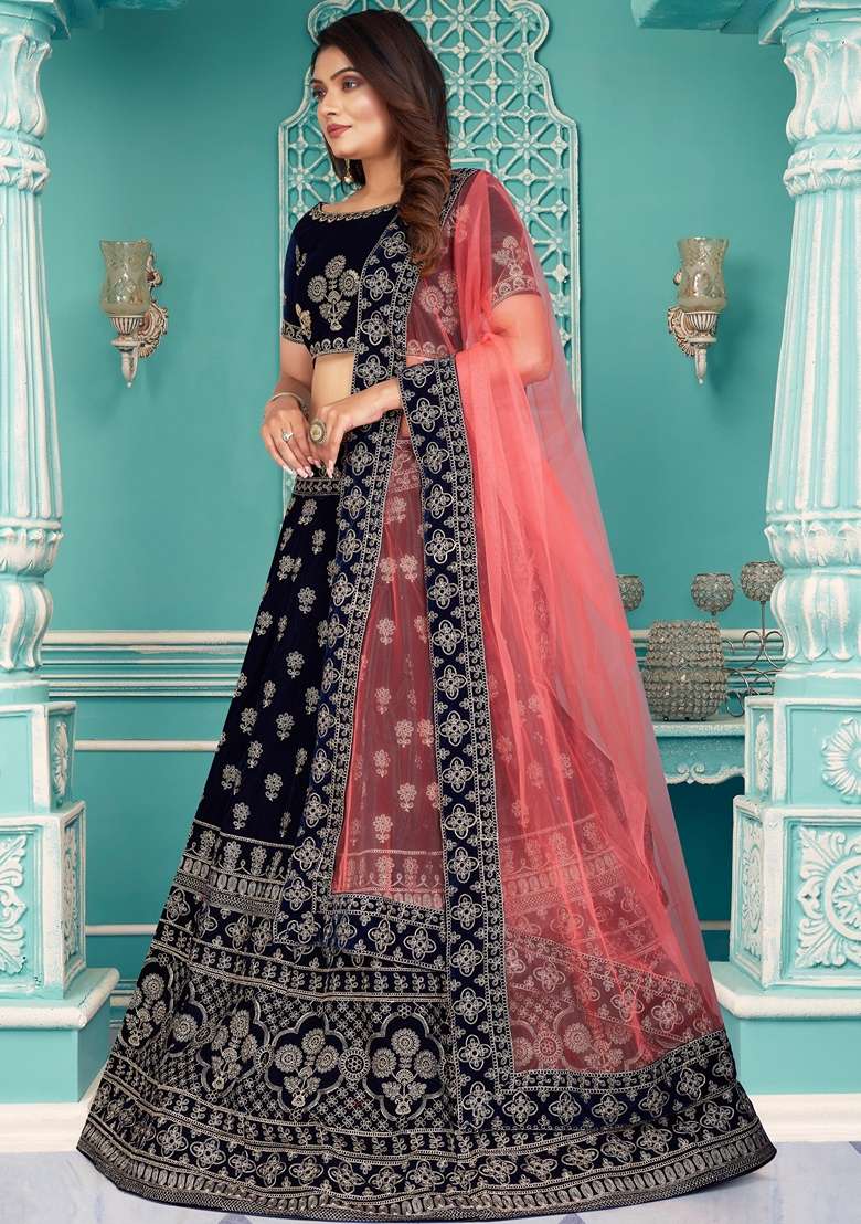 Navy Blue Embroidered Velvet Lehenga Set - Indya