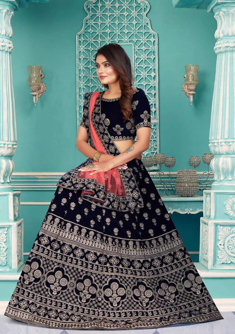 Navy Blue Embroidered Velvet Lehenga Set - Indya