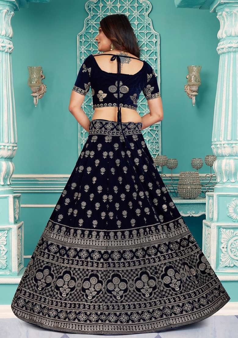 Navy Blue Embroidered Velvet Lehenga Set - Indya