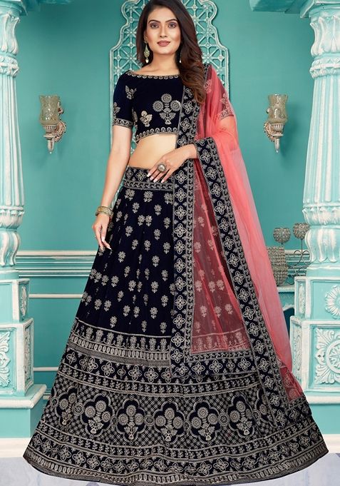 Navy Blue Embroidered Velvet Lehenga Set