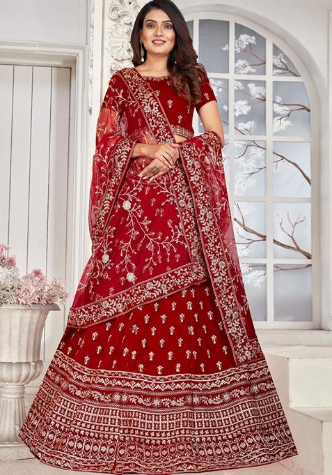 Maroon Embroidered Velvet Lehenga Set