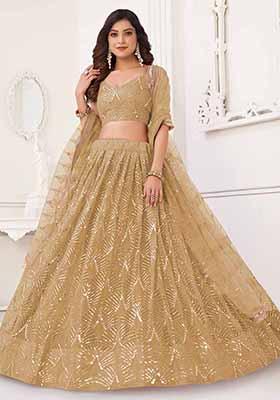 Beige Thread Sequin Embroidered Net Lehenga Set
