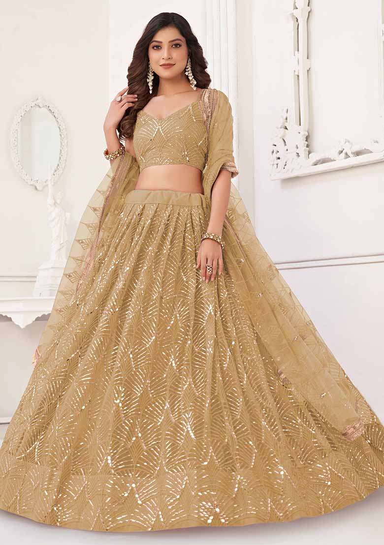Beige Thread Sequin Embroidered Net Lehenga Set - Indya