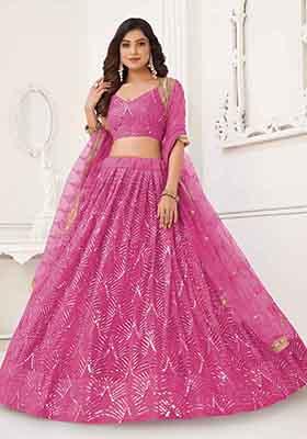 Pink Thread Sequin Embroidered Net Lehenga Set