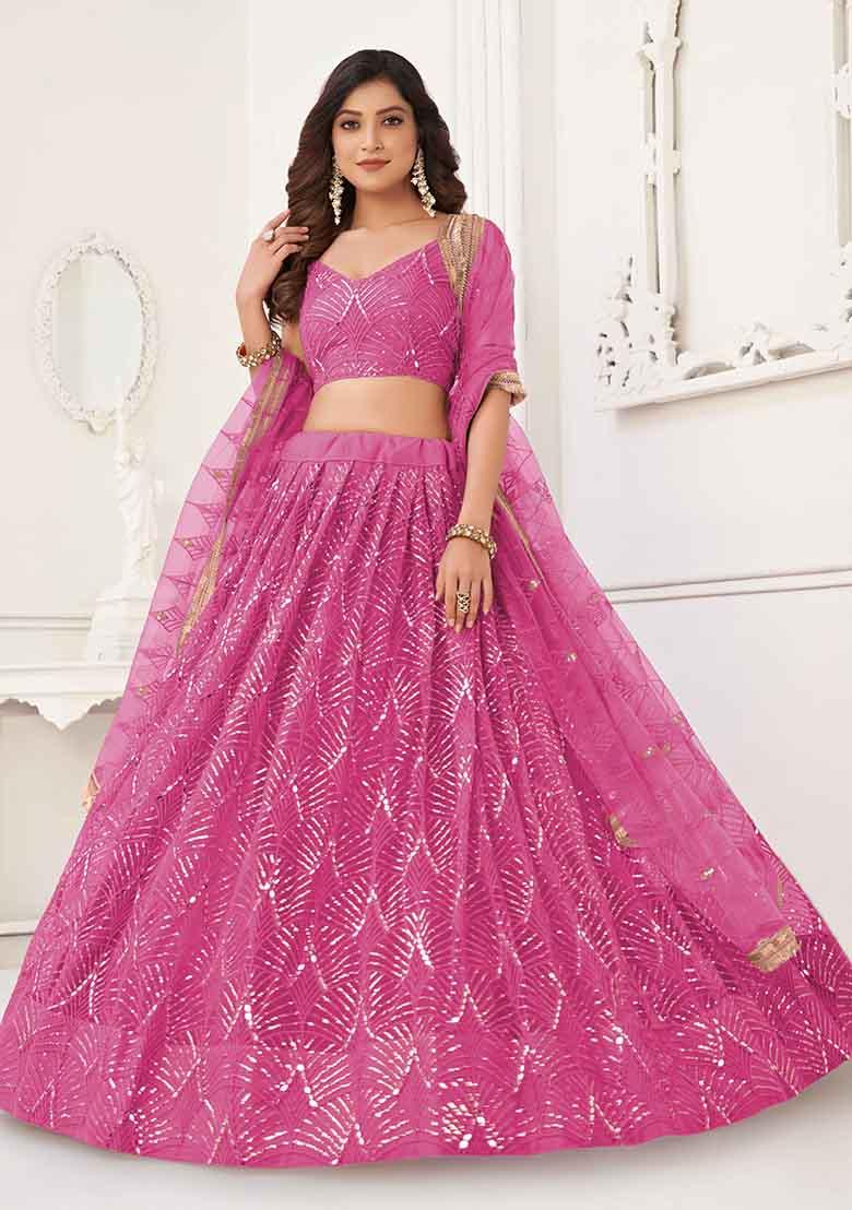 Pink Thread Sequin Embroidered Net Lehenga Set