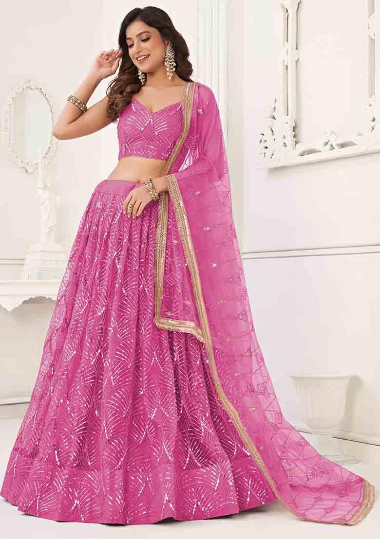 Pink Thread Sequin Embroidered Net Lehenga Set