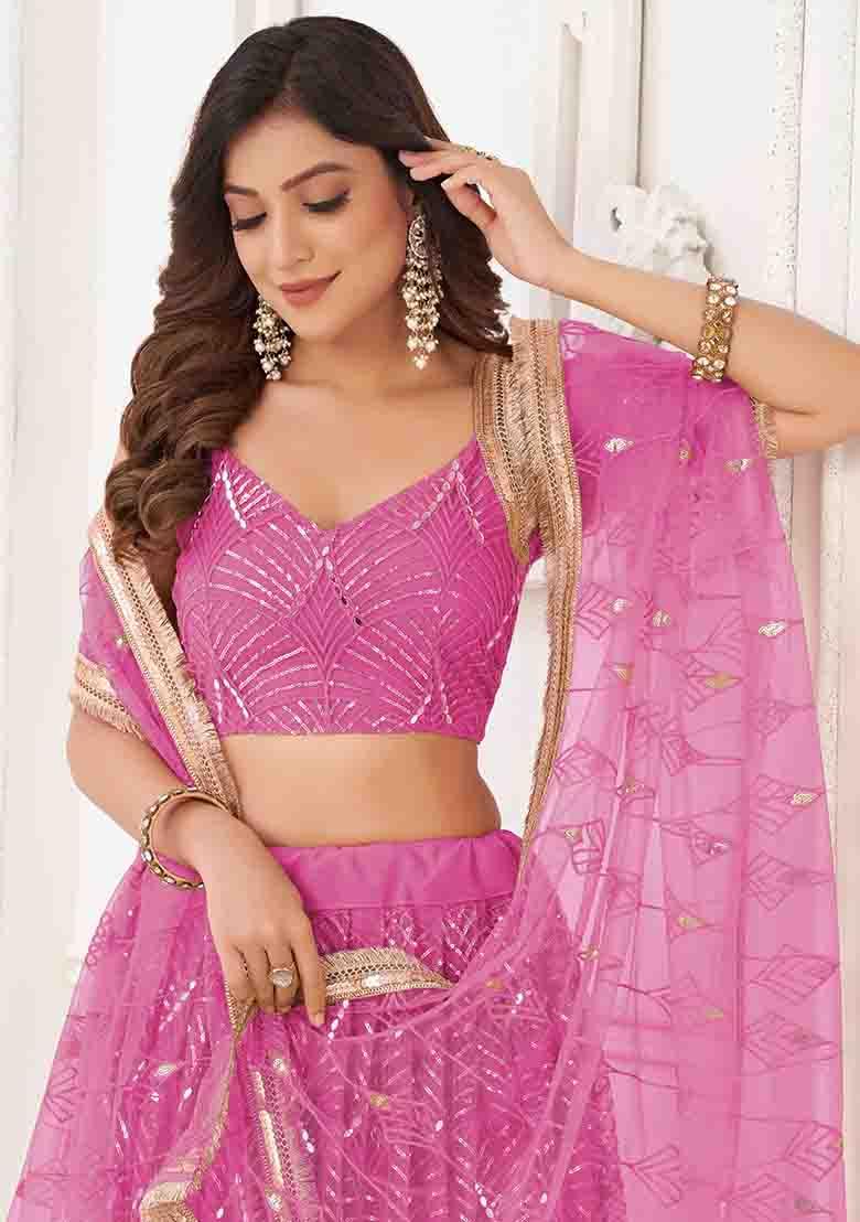 Pink Thread Sequin Embroidered Net Lehenga Set