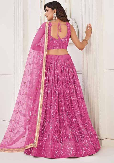 Pink Thread Sequin Embroidered Net Lehenga Set