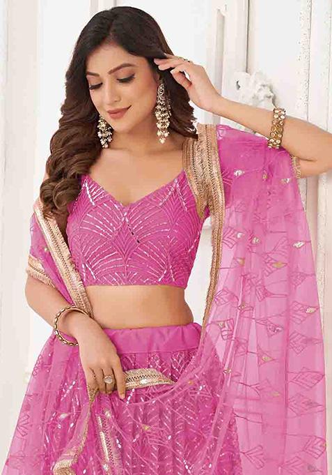 Pink Thread Sequin Embroidered Net Lehenga Set