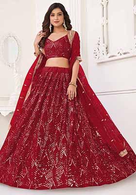 Red Thread Sequin Embroidered Net Lehenga Set