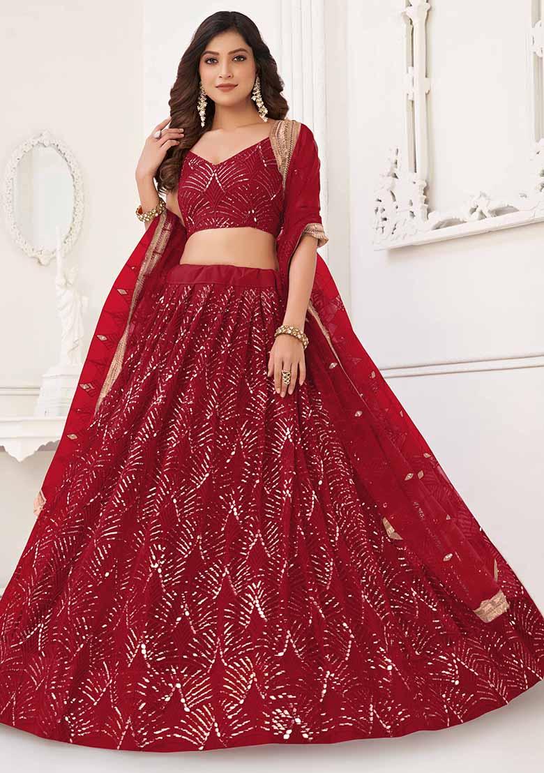 Red Thread Sequin Embroidered Net Lehenga Set