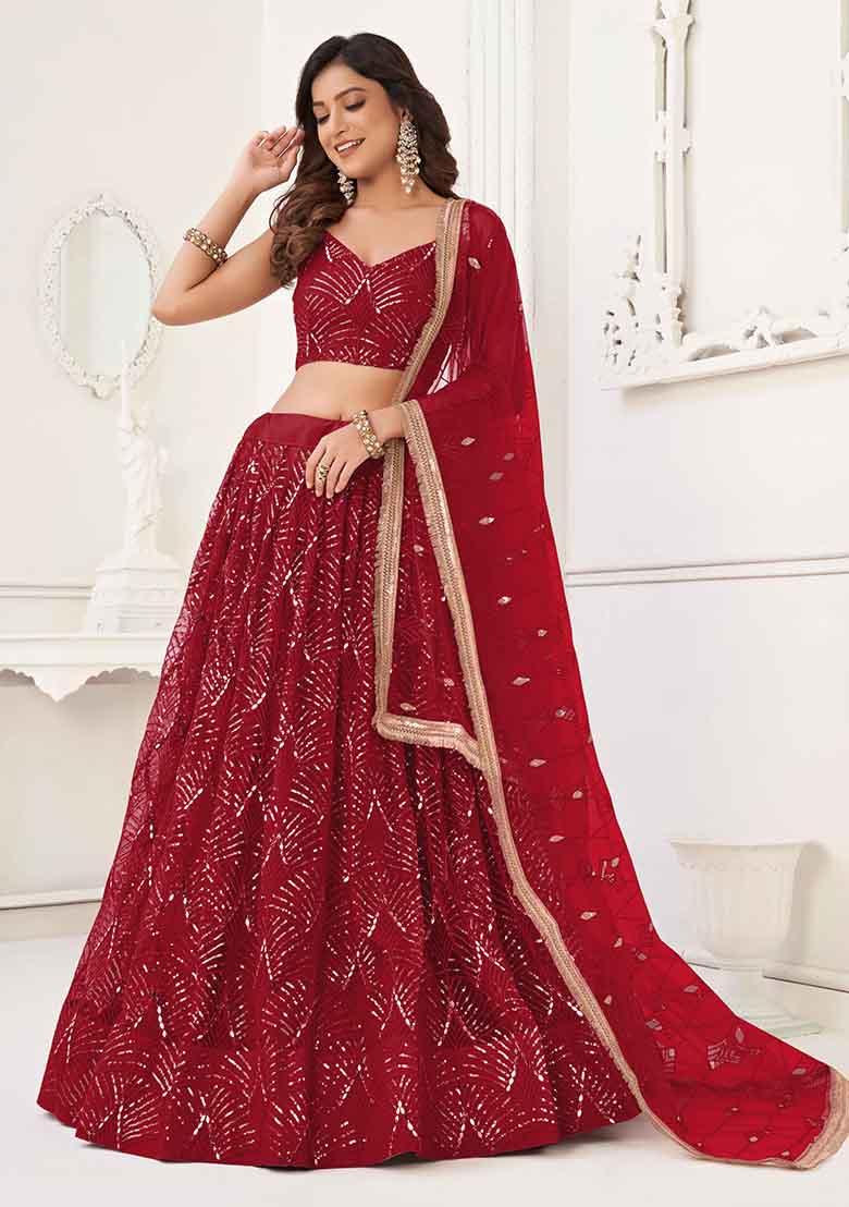 Red Thread Sequin Embroidered Net Lehenga Set