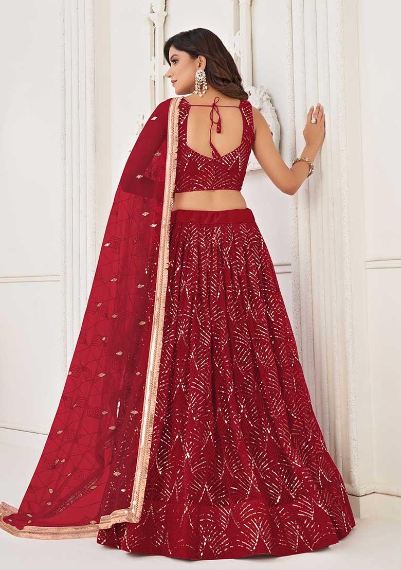 Red Thread Sequin Embroidered Net Lehenga Set