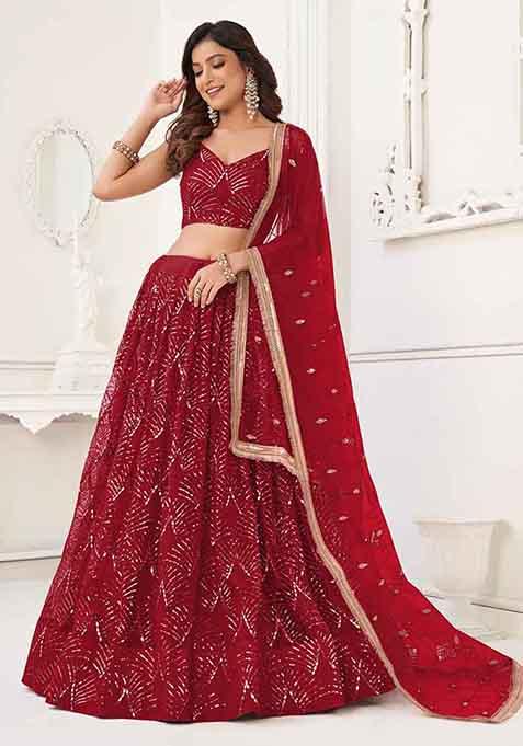 Red Thread Sequin Embroidered Net Lehenga Set