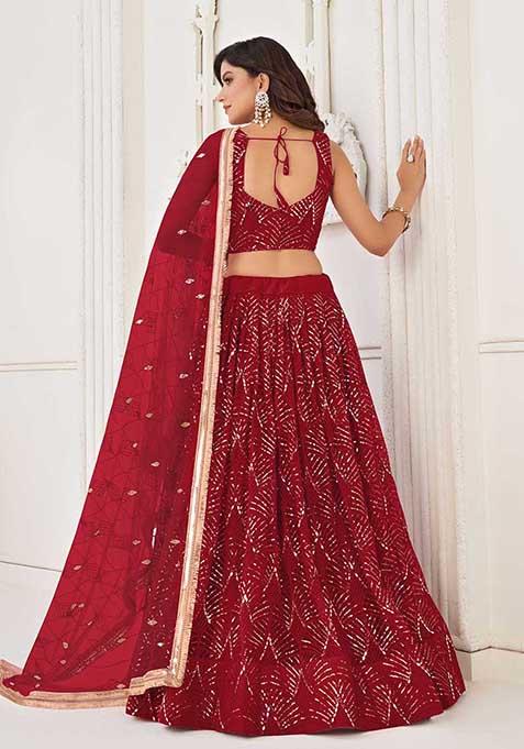 Red Thread Sequin Embroidered Net Lehenga Set