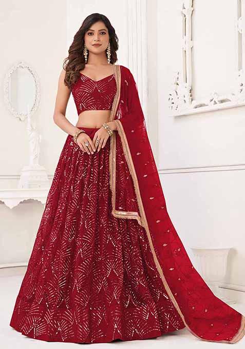 Red Thread Sequin Embroidered Net Lehenga Set