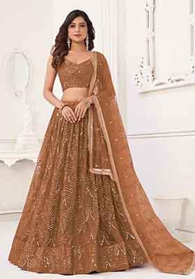 Brown Thread Sequin Embroidered Net Lehenga Set