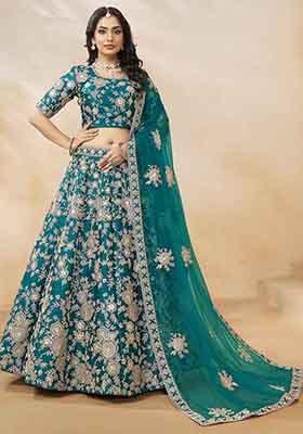 Teal Embroidered Art Silk Lehenga Set